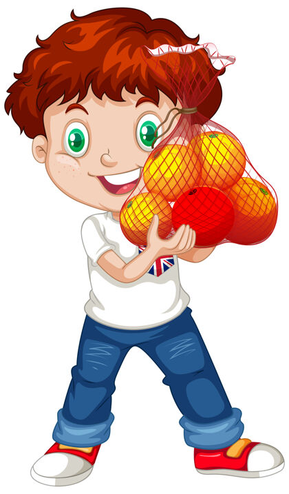 活跃红头发的可爱男孩站着拿着水果人物人行动