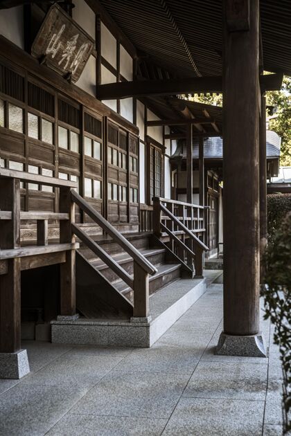 圣殿日本寺庙入口侧视图木制传统日本