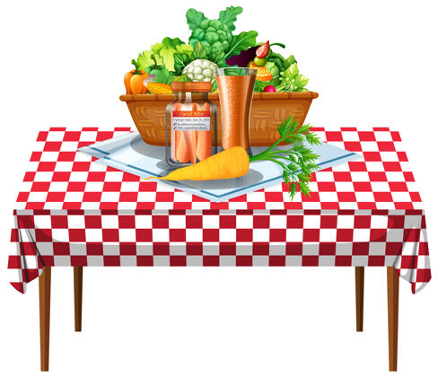 家具蔬菜和水果放在桌子上 用格子图案桌布配料营养卡通