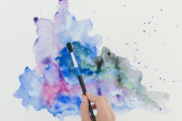 艺术彩色水彩和蓝色墨水的抽象喷溅纹理墙纸复制