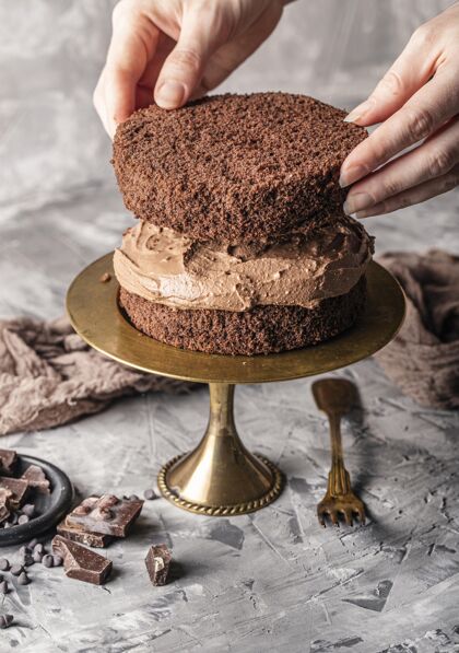 美味高角度的美味巧克力蛋糕概念美味蛋糕巧克力