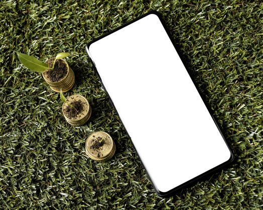 储蓄用智能手机在草地上三叠硬币的俯视图手机钱电话