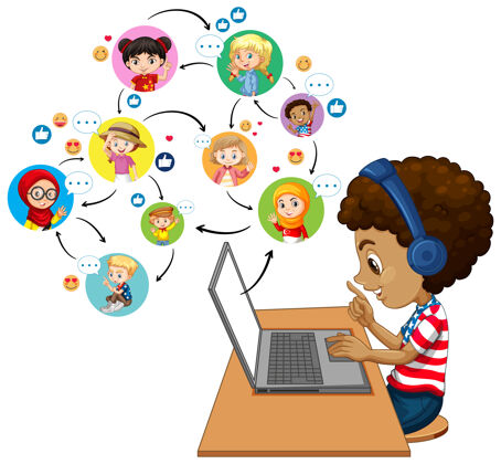 学习侧视图一个男孩使用笔记本电脑进行交流视频会议与老师和朋友在白色媒体通话交流