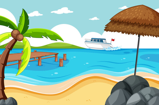 度假热带沙滩和沙滩风景卡通风格主题景观空白