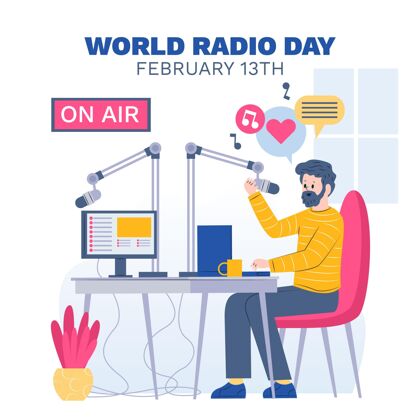 平面设计世界广播日平面设计背景与男性音乐声音世界