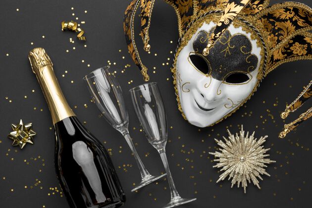 娱乐嘉年华面具顶视图 带闪光和香槟瓶节日表演平底