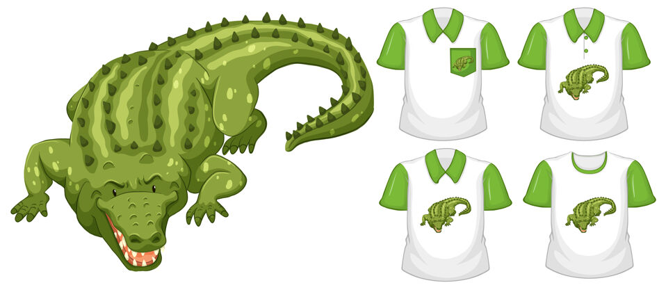 Children绿色鳄鱼卡通人物与白色背景上的许多类型的衬衫ShortDisplaycoloury