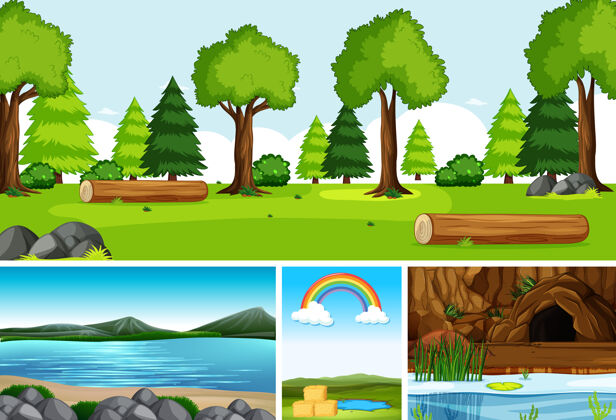 松树四个不同的场景在自然设置卡通风格背景草地叶