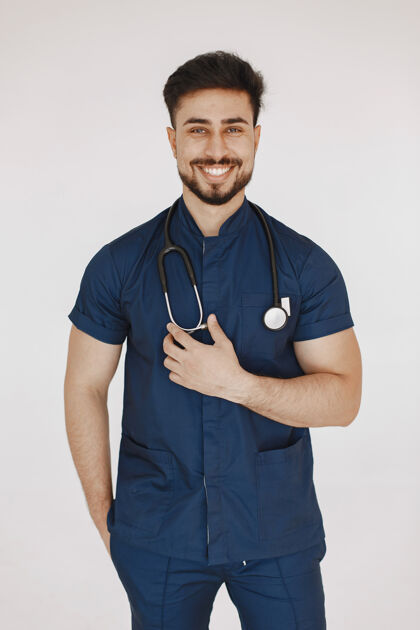 国际国际医学生穿蓝色制服的人带听诊器的医生职业帅哥职业