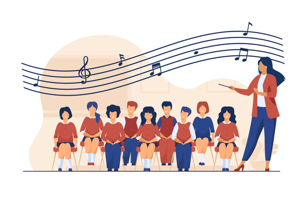 音乐学校的音乐课指挥拿着指挥棒站着唱着孩子们的合唱团合唱团 活动 爱好导演微笑女人