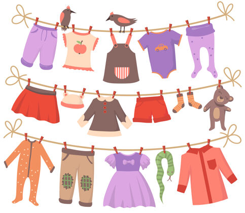 幼儿婴儿衣服集烘干清洁小身体 连衣裙 裤子 短裤 袜子 睡衣 玩具挂在绳子上与鸟矢量插图收集婴儿服装 为人父母 洗衣店的概念儿童儿童服装