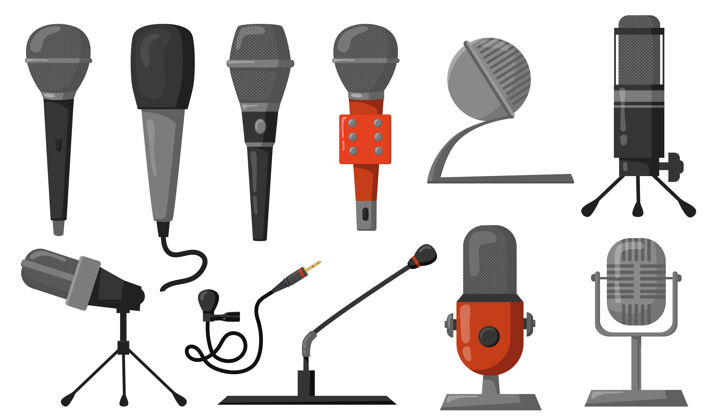 演讲麦克风平面插图集播客或音乐录制或广播的演播室设备音频技术 通信 性能概念的矢量插图采访录音设置