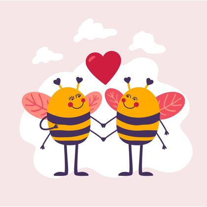 浪漫手绘情人节蜜蜂情侣庆祝爱情侣
