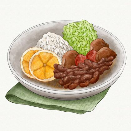 餐水彩画飞鸟田插图食品美味食品