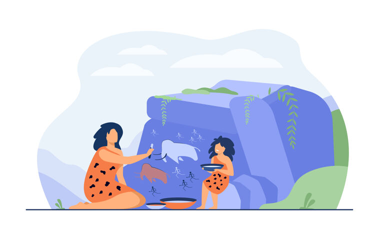 人古代妇女和儿童画在石壁上孤立的平面矢量插图卡通史前人类画原始动物和猎人岩画设计和家庭观念爱好公牛石头