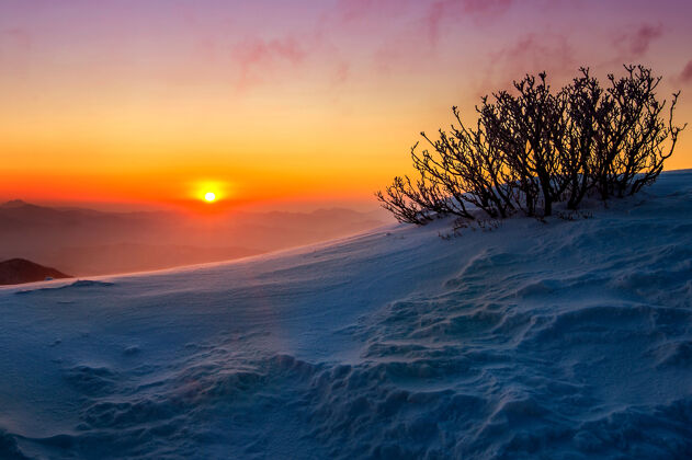 运动韩国 冬天 德古桑山上的日出被白雪覆盖风景风景童话
