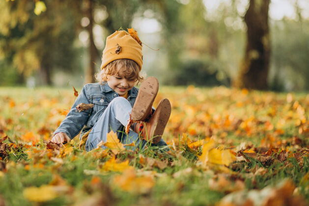 温暖可爱的男孩在秋天公园玩树叶甜蜜森林爱
