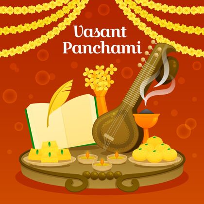 庆祝Vasantpanchami与veena和食物的插图印度教平面设计插图