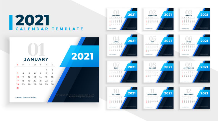 年漂亮的2021年新年日历设计在蓝色的主题组织者数字模板