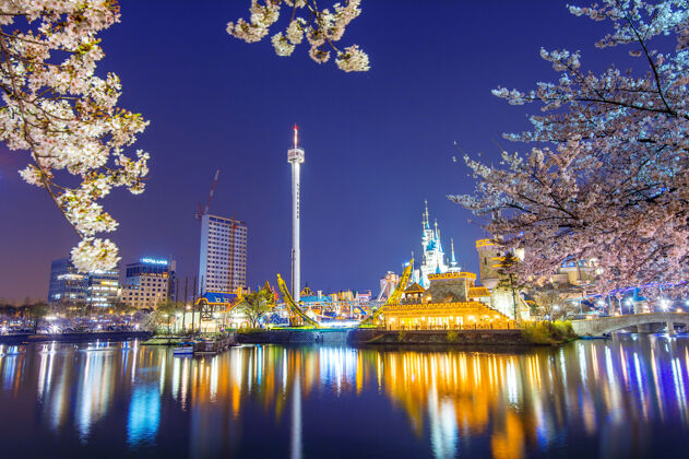 韩国夜色中的乐天世界游乐园和樱花甲板主题阴天