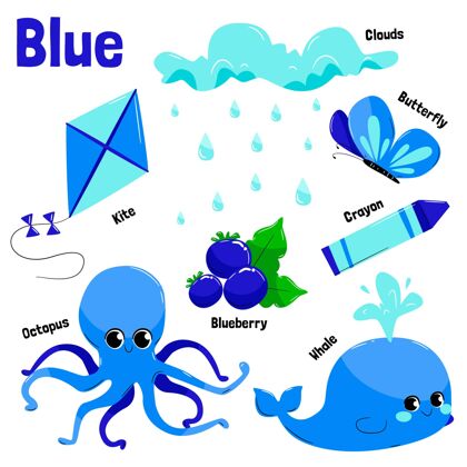 蓝色收集蓝色物体和英语词汇学校包装幼儿园