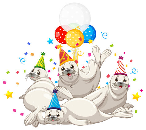 气球印章组在党的主题卡通人物白色背景海狮节日海洋