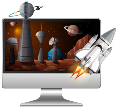 屏幕计算机屏幕上的银河背景火箭宇宙卫星