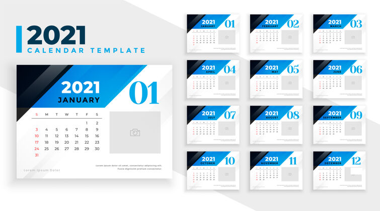 计划2021年新年日历设计蓝色几何形状风格数字日期月