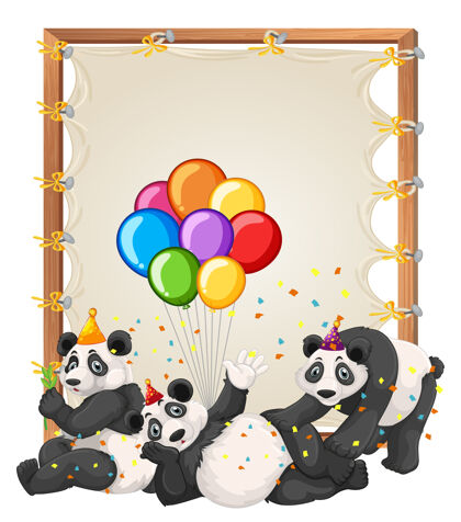 空帆布木制框架模板与熊猫派对主题隔离木头气球庆祝