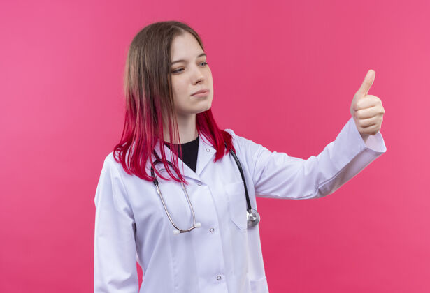 拇指看着旁边穿着听诊器医用长袍的年轻女医生 她的大拇指朝上放在粉红色的孤立背景上年轻长袍穿着