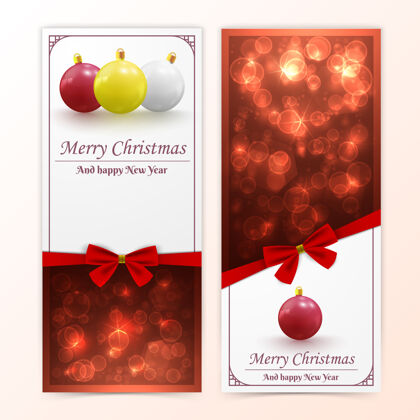 圆节日圣诞节和新年的垂直横幅与圣诞饰品和红色蝴蝶结圣诞树年布局