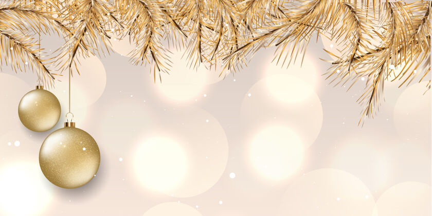 灯光圣诞横幅与优雅的设计与黄金松树树枝和挂饰品球背景雪