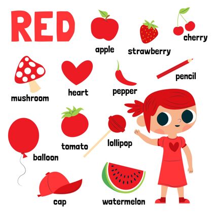 设置红色的颜色和词汇设置在英语儿童教学活动包装