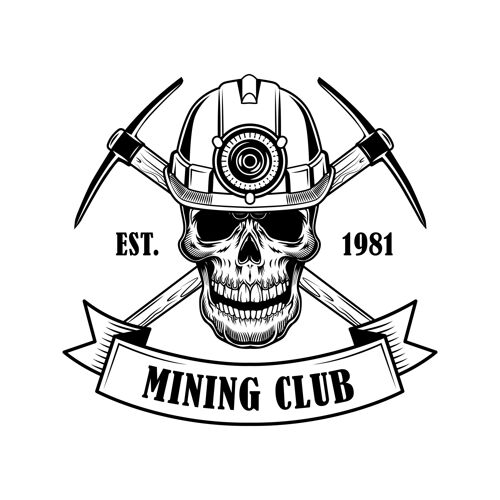 工作煤矿工人头骨矢量插图头骨在头盔与手电筒 交叉的标签和文字煤矿工具的概念标志和徽章模板头骨采矿能源