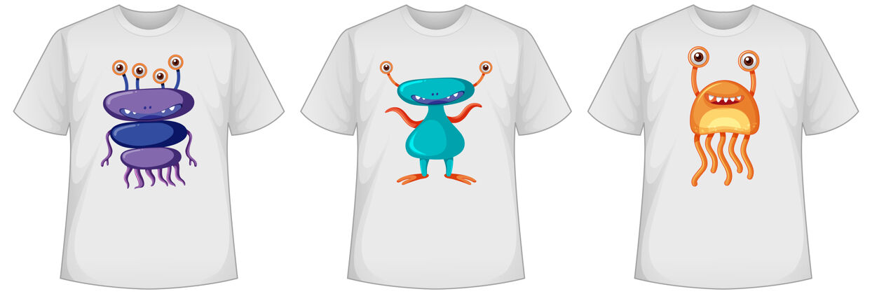 短裤一套不同颜色的可爱怪物或外星人屏幕上的t恤怪物外星人T恤