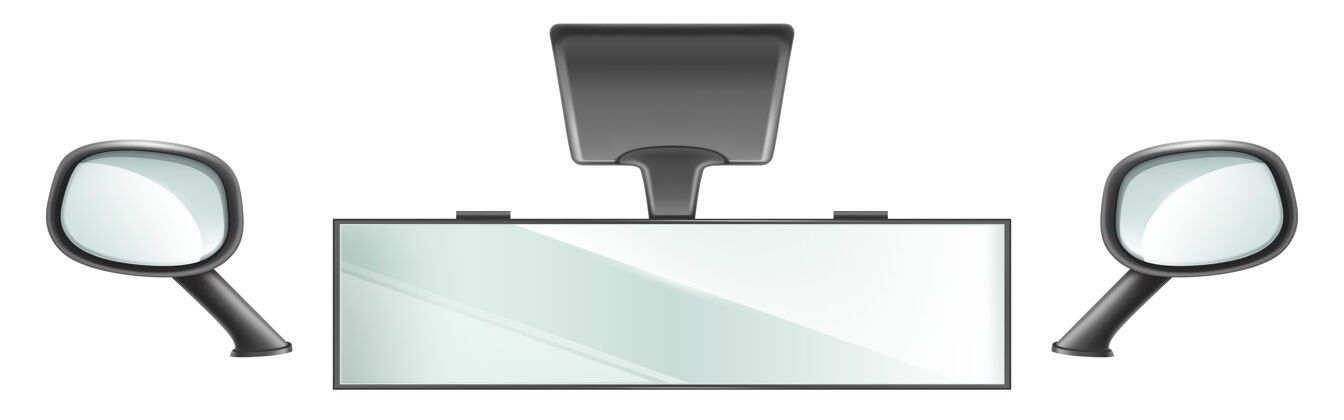 运输车内用黑色框架的后视镜一组独立的中央和侧面后视镜用于安全驾驶的汽车或卡车设备卡车侧面设备