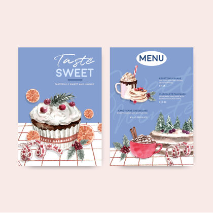 水彩画菜单模板设置与冬季糖果在水彩画风格节日美味圣诞节