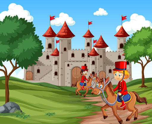 树童话场景与城堡和士兵锦衣卫场景童话士兵建筑
