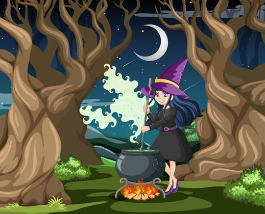 户外巫师或女巫在黑暗的森林背景上用魔法壶黑暗剪辑幽灵