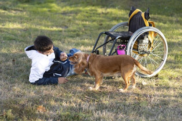 户外在草地上玩狗的人生活方式残疾人坐着