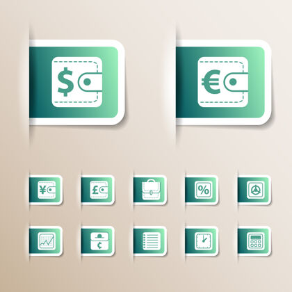 钱绿钱图标集不同大小的不同符号和白色框架隔离Atm收集电子邮件
