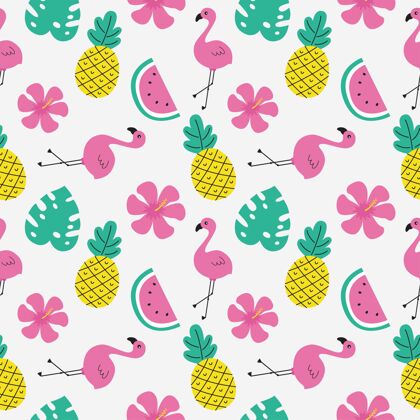 西瓜粉红色火烈鸟与热带水果无缝模式无缝热带花