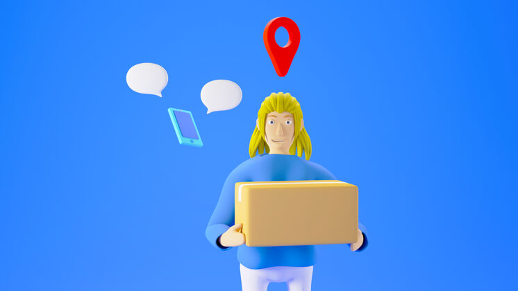 现金3d渲染女人拿着一个位置图标和一个蓝色背景上孤立的小智能手机的盒子应用程序销售支付