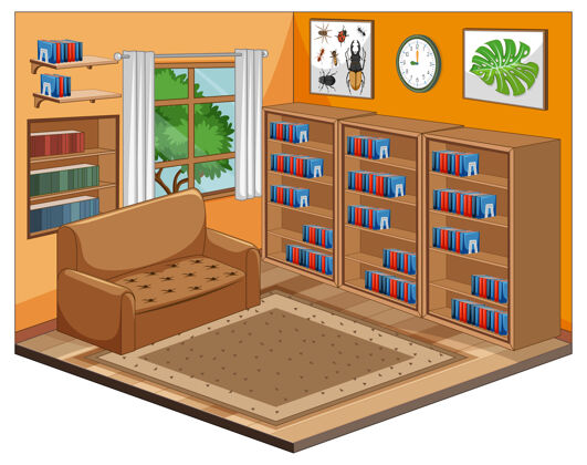 地毯空白图书室室内卡通风格图书馆房间客厅