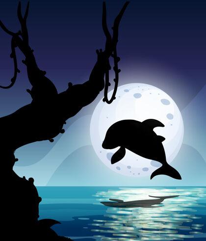海洋晚上海豚在海里跳剪影场景月亮